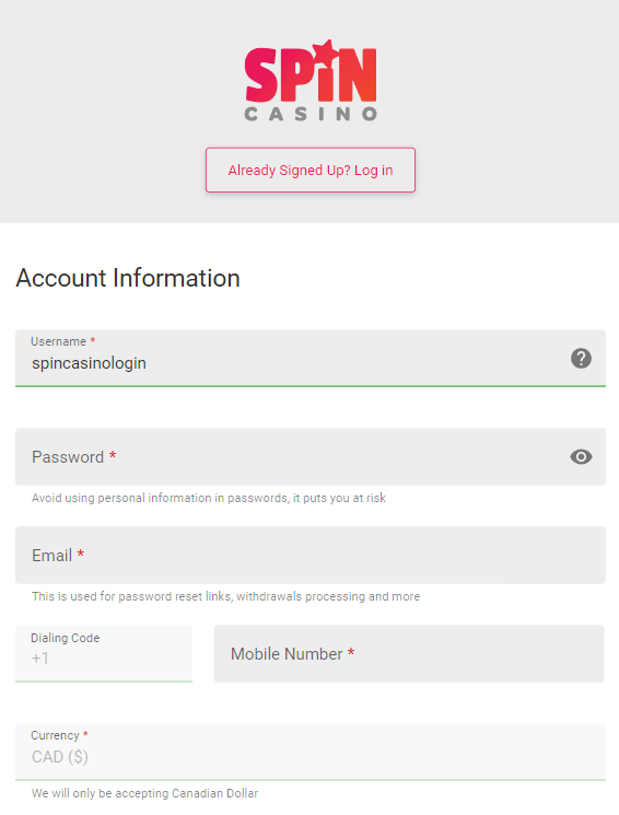 Second Steo Register process before spin casino sign in