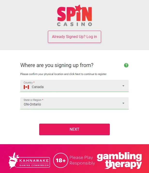 Spin casino Sign up form